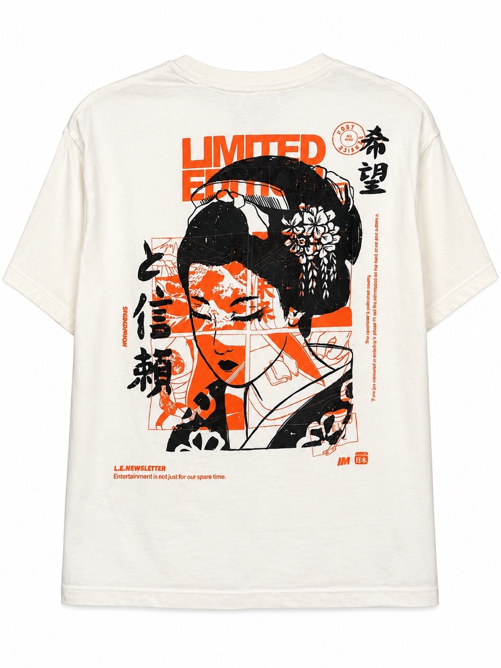 Bershka Cream Tee with Orange & Black Graphic Back Print